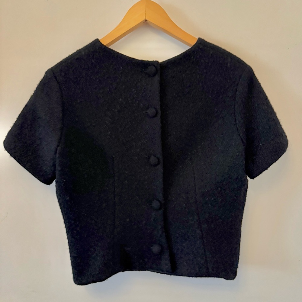 Cropped Black Tweed Button-Up Top